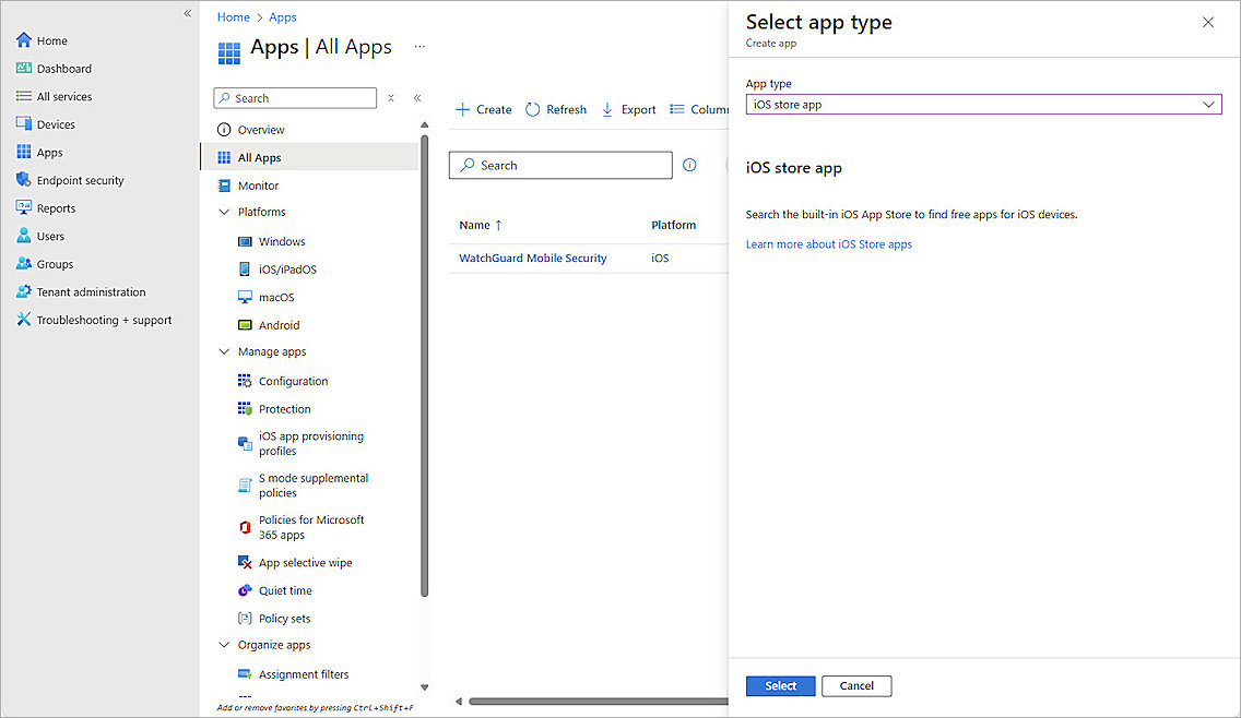 Screenshot of the Select App Type page in Intune